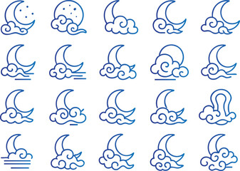 Collection of elegant line art crescent moon and stylized cloud vector icons, ideal for celestial, night sky, dream, sleep, and weather graphic designs