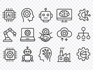 A comprehensive set of line icons representing artificial intelligence, technology, robotics, and data science concepts