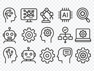 A comprehensive set of line icons representing artificial intelligence, technology, robotics, and data science concepts
