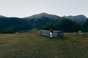 Fototapeta premium Mountains meadow fence person backpack hiking landscape solitude grass nature. Lone hiker walks beside a wooden fence across a grassy field toward forested mountain peaks under moody sky.