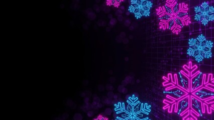Vibrant Neon Snowflakes on a Dark Cosmic Background.