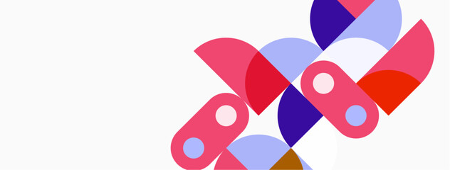 Abstract shapes overlap, creating vibrant composition. Pink, purple, blue hues dominate white background. Modern design element.