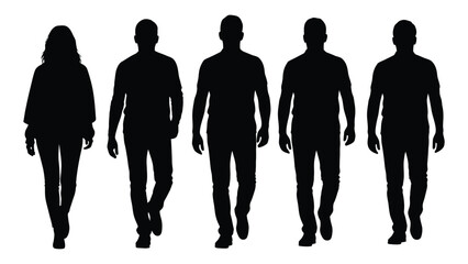 Five people walking forward in a line a stark black and white image silhouette