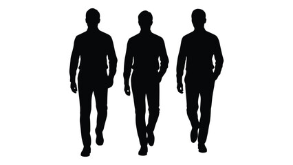Three men walking forward depicted as dark shapes against a white background silhouette