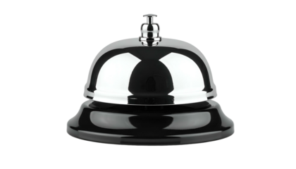 Shiny chrome bell with a dark base and a small top, isolated against black
