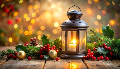 A warm candlelit lantern nestled amongst festive greenery & bokeh lights on wooden table