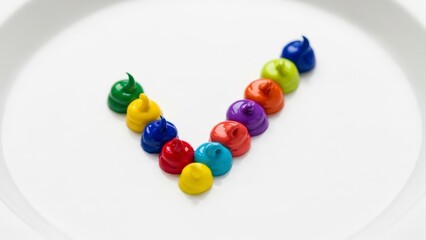Colorful paint drops arranged in a V-shape on a pristine white surface, showcasing vibrant hues and artistic precision.