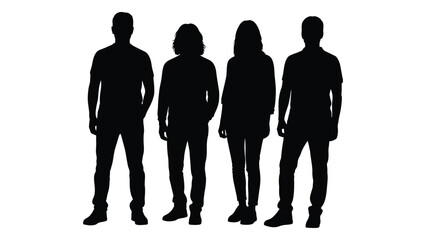 Four people standing together in a row presented as a dark striking silhouette