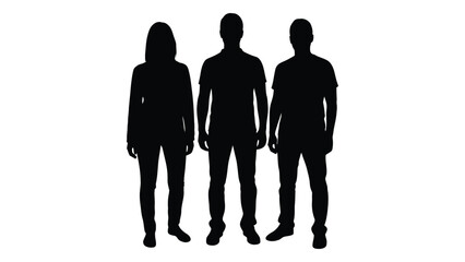 Three people standing side by side a simple black visual representation silhouette