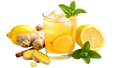 A refreshing drink with ginger, lemon, and mint, garnished with sprigs, on a transparent backdrop