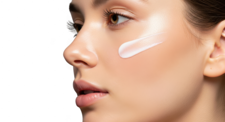 Closeup of a womans face with a streak of white cream applied to her cheek, isolated on transparent background