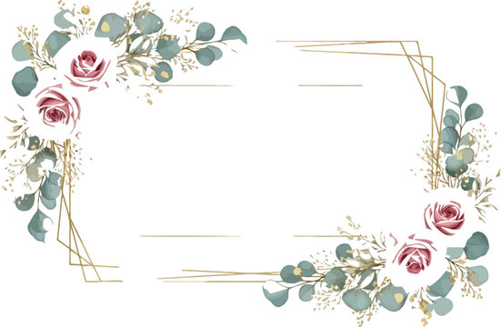 Elegant floral frame with pink roses and eucalyptus for wedding invitation design - Powered by Adobe