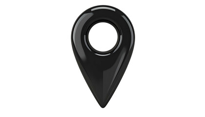 Sleek, glossy, black location marker icon with central hole, floating on a void backdrop