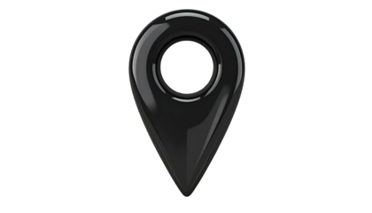 Sleek, glossy, black location marker icon with central hole, floating on a void backdrop