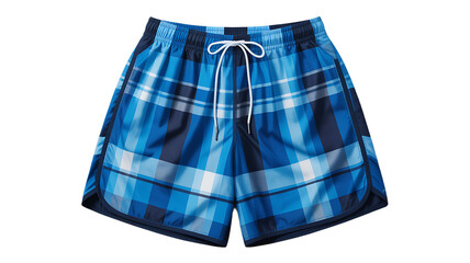 Sportswear shorts with a vibrant blue plaid graphic print, featuring a drawstring waist for comfortable athletic wear and casual apparel promotions. 
