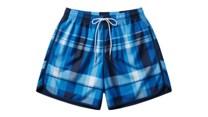 Sportswear shorts with a vibrant blue plaid graphic print, featuring a drawstring waist for comfortable athletic wear and casual apparel promotions. 
