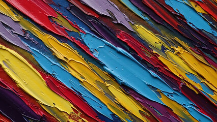 Abstract oil painting with thick brush strokes in red, yellow, blue, and purple featuring abstract art thick paint colorful