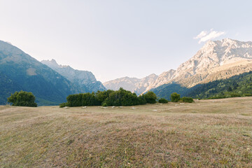 Obraz premium Mountains meadow valley landscape field sky in a wide panoramic nature scene with dry grass foreground, distant forested slopes and sunlit rocky peaks under a pale blue sky.
