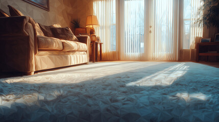 朝の自然光が差し込む部屋で、家具の下に広がるカーペットが生活の温度を伝える室内風景の水彩ポリゴン