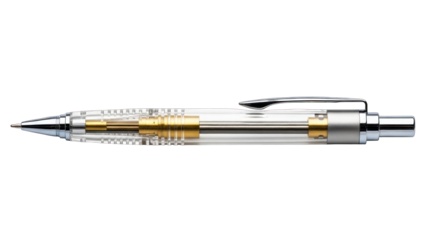 Clear Mechanical Pencil with Gold and Silver Accents Isolated on White.