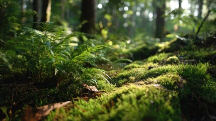 A lush green forest with a path through it. The path is covered in moss and the trees are tall and leafy