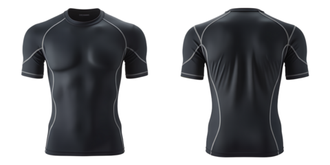Black short sleeve compression shirt mockup, front and back view Sportswear apparel for fitness and athletic activities Concept of activewear, workout, and fashion 