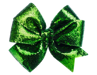 Close-up of a glittering green sequined bow, isolated on a transparent background