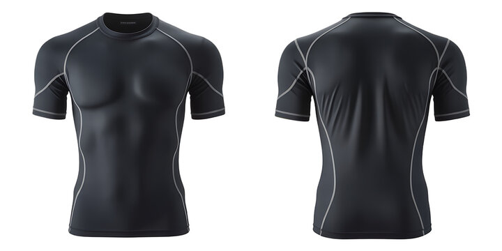 Black short sleeve compression shirt mockup, front and back view Sportswear apparel for fitness and athletic activities Concept of activewear, workout, and fashion 