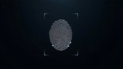 White fingerprint scan on dark background with scanning frame featuring security identification biometric