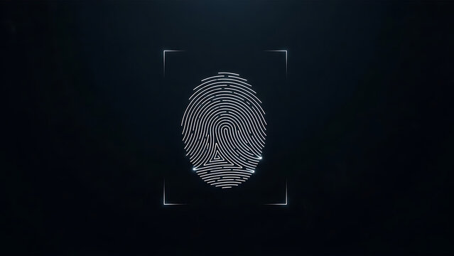 White fingerprint scan on dark background with scanning frame featuring security identification biometric - Powered by Adobe