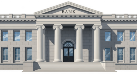 Grand classical bank building with columns and a pediment isolated on transparent background