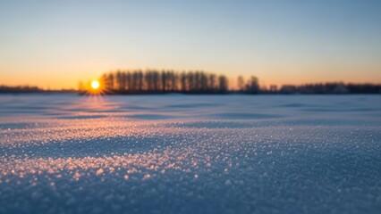 Winter sunset over a frozen lake with distant trees and sparkling snow.
