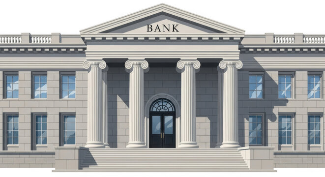 Grand classical bank building with columns and a pediment isolated on transparent background