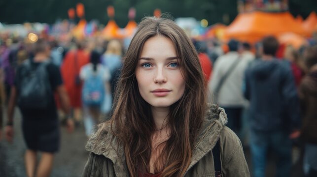 A young woman looks directly at the camera with long hair and a neutral expression. She stands in a busy festival crowd filled with colorful tents and people.