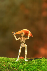 Toy skeleton figurine holding dry leaf over head in fairy tale autumn forest
