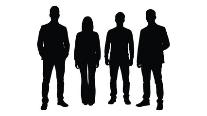 Four individuals standing in a row depicted as dark shapes against a white background silhouette