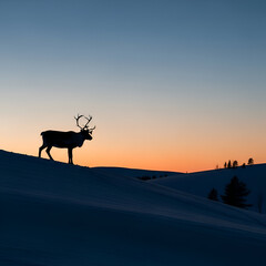 A magnificent reindeer silhouette stands proudly on a snowy hill against a vibrant arctic sunset.