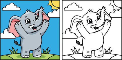 Cute cartoon baby elephant standing on hind legs with hands up vector illustration. Happy gray animal character with trunk up in nature background with blue sky and sun for children book.