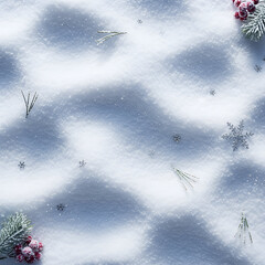 A close-up view of fresh white snow sprinkled with glittering festive decorations and pine needles