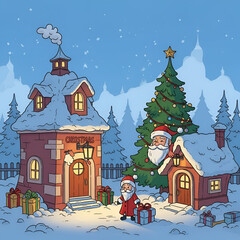 A festive illustration of santa claus visiting a cozy snow-covered christmas village