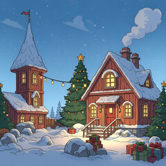 A cozy winter night scene with snow-covered houses, decorated christmas trees, and warm glowing windows.