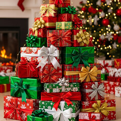 A festive stack of christmas presents in front of a christmas tree and fireplace