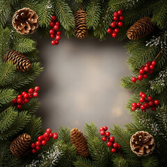 Winter holiday border frame made of evergreen branches with red berries and pine cones