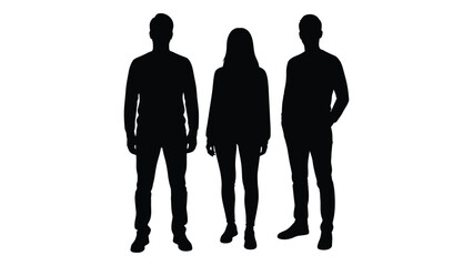 Three people standing together in a stark black form presenting a dramatic silhouette