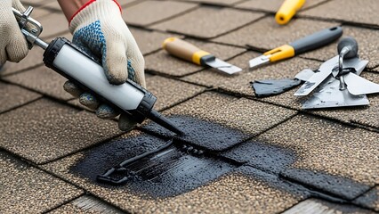 Worker Applying Black Sealant to Asphalt Shingles on a Roof