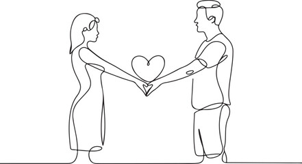 Continuous line drawing loving couple showing heart sign 