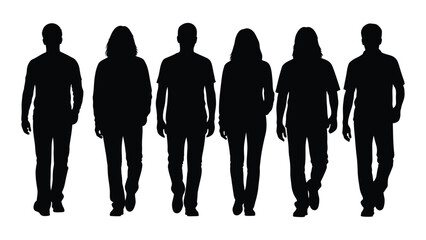 A group of six people walking depicted as dark shapes against a white background silhouette
