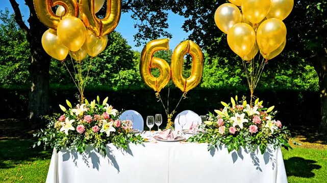 Video of the 60th anniversary celebration with flower arrangements, table and balloons, wedding day, birthday, important day, background,  