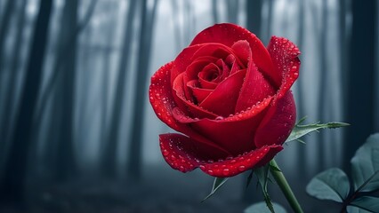 A single red rose with dew drops in a misty forest