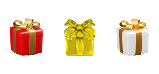 3D Christmas Gift Boxes Set with Gold Ribbons Isolated on Transparent Background
